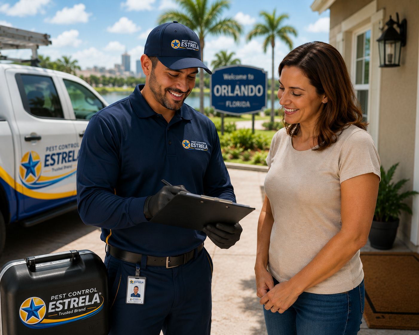 Técnico Pest Control Estrela orientando cliente em atendimento residencial