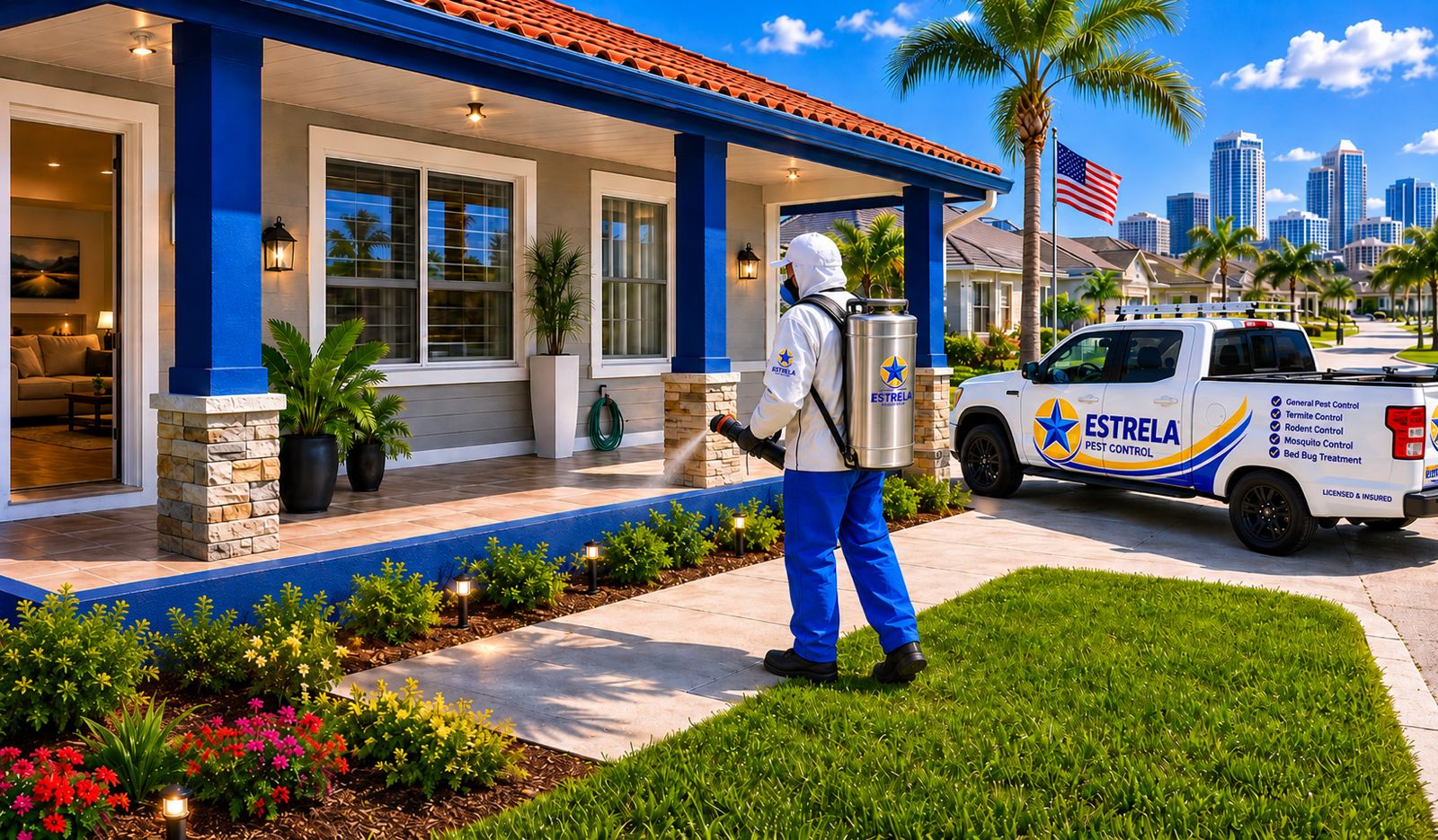 Técnico Pest Control Estrela em atendimento residencial em Orlando