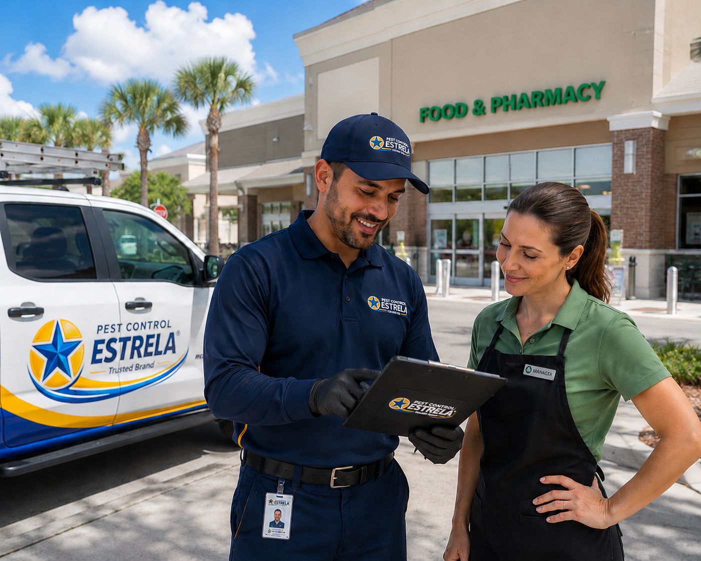 Técnico Pest Control Estrela orientando cliente comercial