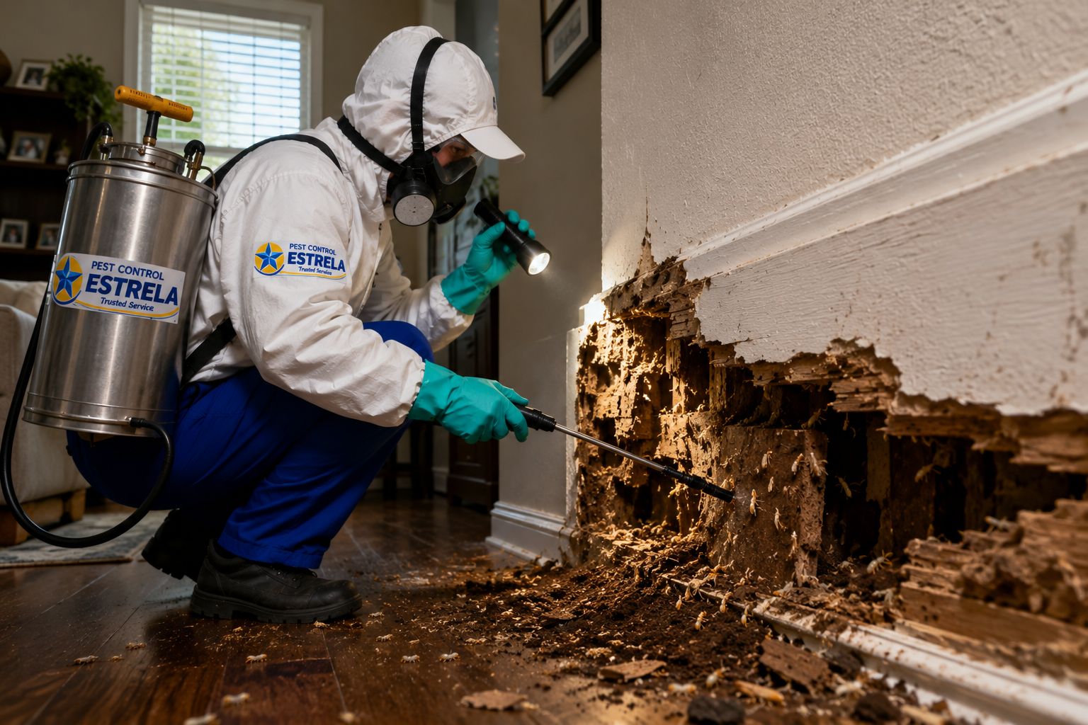 Técnico Pest Control Estrela realizando tratamento contra cupins