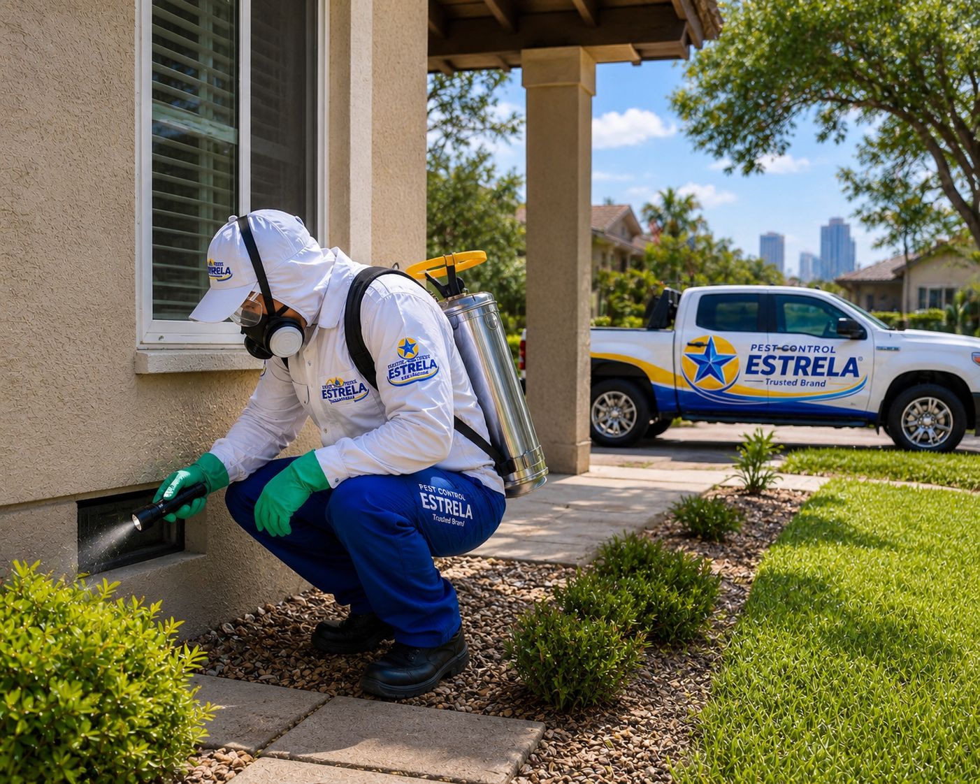 Técnico Pest Control Estrela realizando inspeção residencial externa