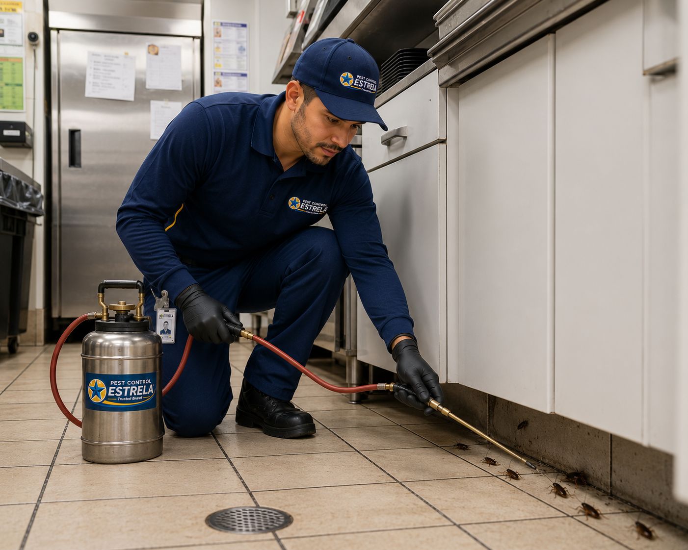 Técnico Pest Control Estrela aplicando controle de pragas em cozinha residencial